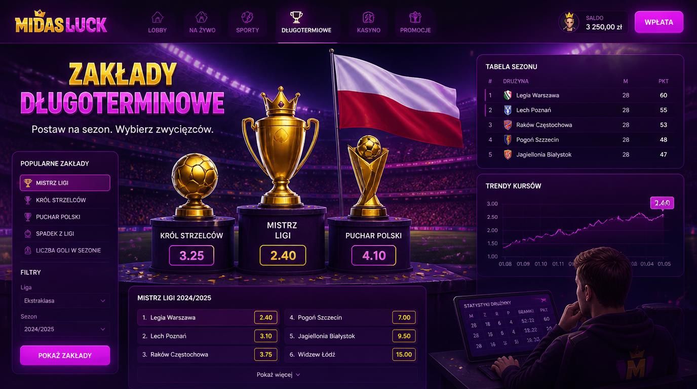 Gracz analizujący typ na zwycięzce ligi z trofeum i rosnącym kursem