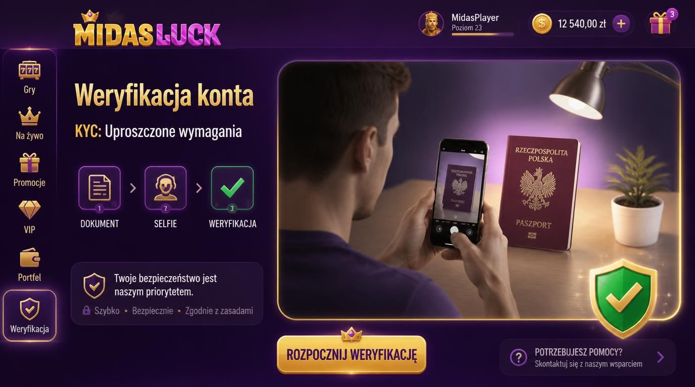Użytkownik wykonuje selfie dokumentem, interfejs kasyna i dokumenty