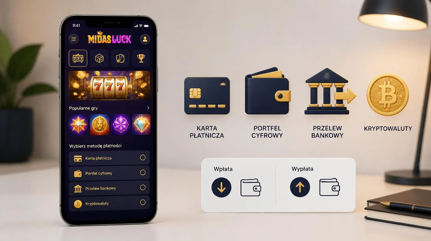 Telefon z interfejsem kasyna oraz symbolami karty, portfela elektronicznego, przelewu bankowego i kryptowalut