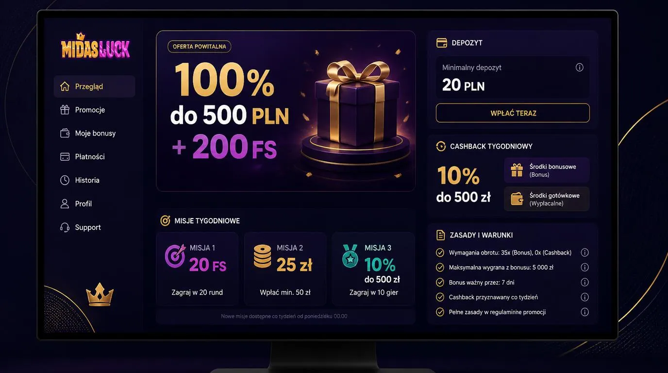 Panel oferty powitalnej 100% do 500 PLN i 200 FS z minimalnym depozytem 20 PLN oraz nagrodami tygodniowymi