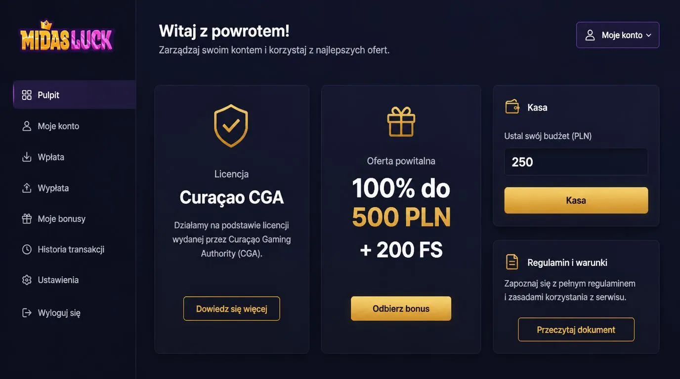 Panel kasyna z informacją o licencji Curaçao, ofertą powitalną i przyciskiem przejścia do kasy